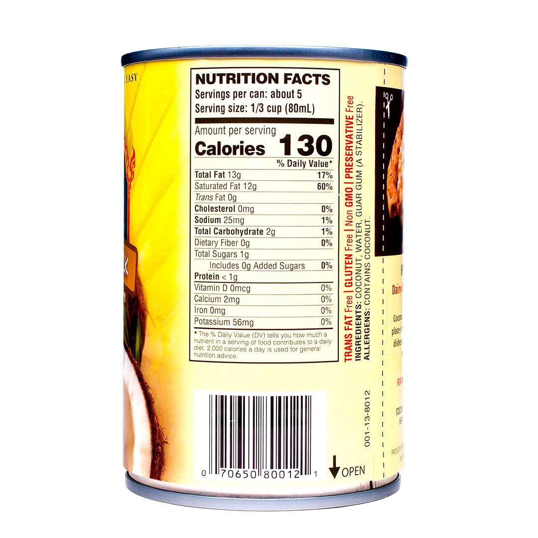 A Taste of Thai Coconut Milk Unsweetened | Canned, Ready to Use Creamy Coconut Cream | Non-GMO & Free of Gluten, Dairy, Trans Fat and Preservatives