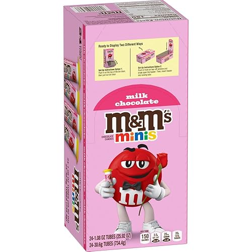 M&M'S Valentine Minis Milk Chocolate Candy, Valentine's Day Candy Gifts Bulk, 1.08 Ounce Tube (Pack of 24)