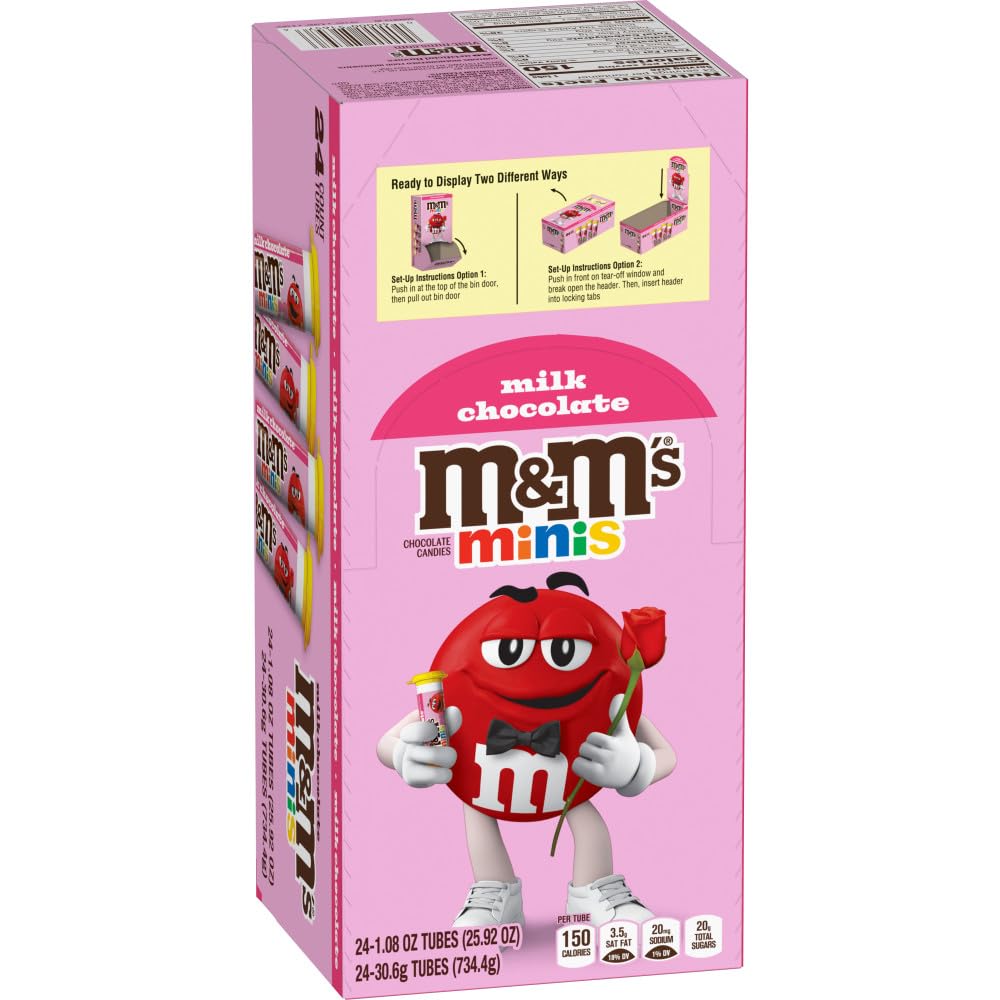 M&M'S Valentine Minis Milk Chocolate Candy, Valentine's Day Candy Gifts Bulk, 1.08 Ounce Tube (Pack of 24)