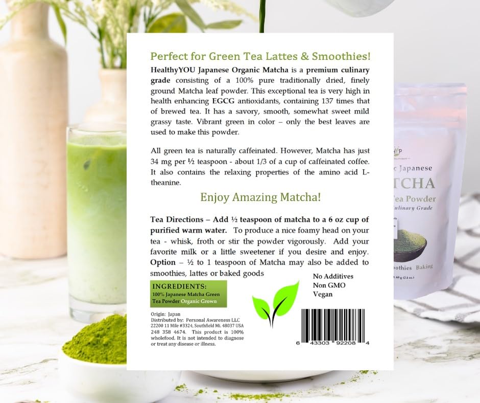 Organic MATCHA GREEN TEA Powder - 60 Grams - Japanese Premium Finely Ground Pure, Antioxidants, Nutrients