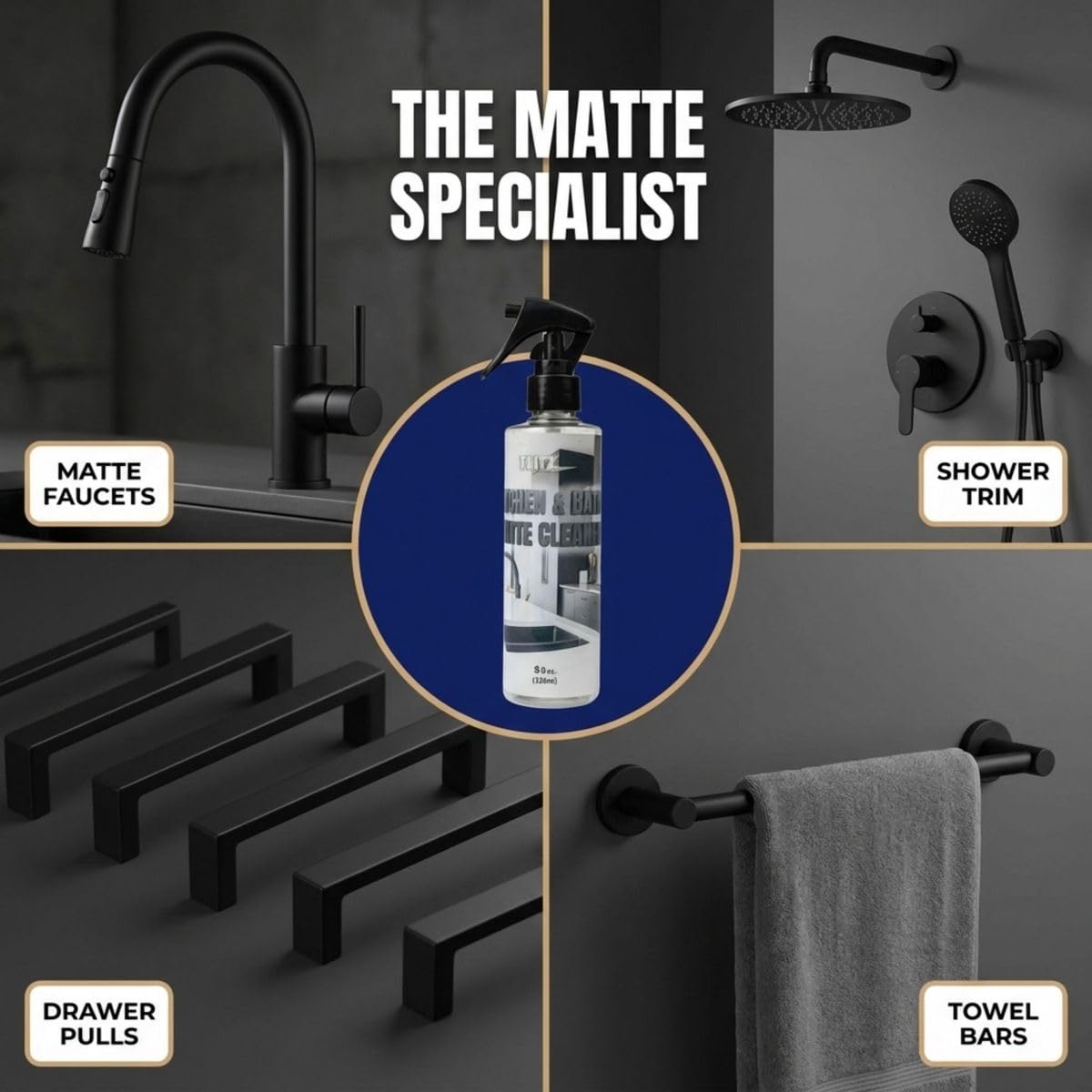 FLITZ Kitchen & Bath Matte Cleaner - 8oz of USA-Made Non-Abrasive Matte Black Cleaner - Removes Light Grease, Smudges, and Water Spots - Water-Based