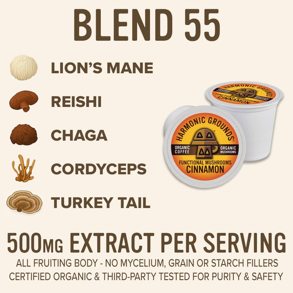Harmonic Grounds Organic Mushroom Coffee Pods - Cinnamon Flavored Medium Roast with Lion's Mane, Reishi, Chaga, Cordyceps & Turkey Tail - Compatible