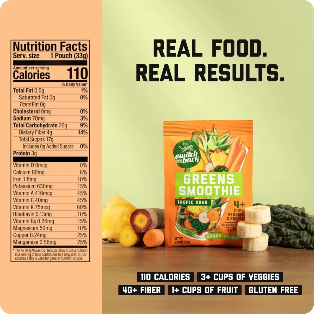 Switchback Whole Food Greens Smoothie Powder Mix (7-Pack) | No Algae Greens Taste for Picky Eaters | No Added Sugar | Clump-Free | Energy, Gut