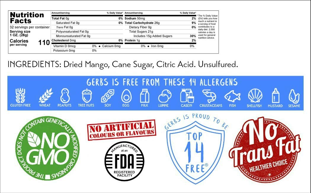 Gerbs Sweetened Dried Mango Slices 2 lbs. | Unsulfured, No Artificial Additives, Resealable Bag | Naturally Chewy & Sweet | Top 14 Allergen-Free