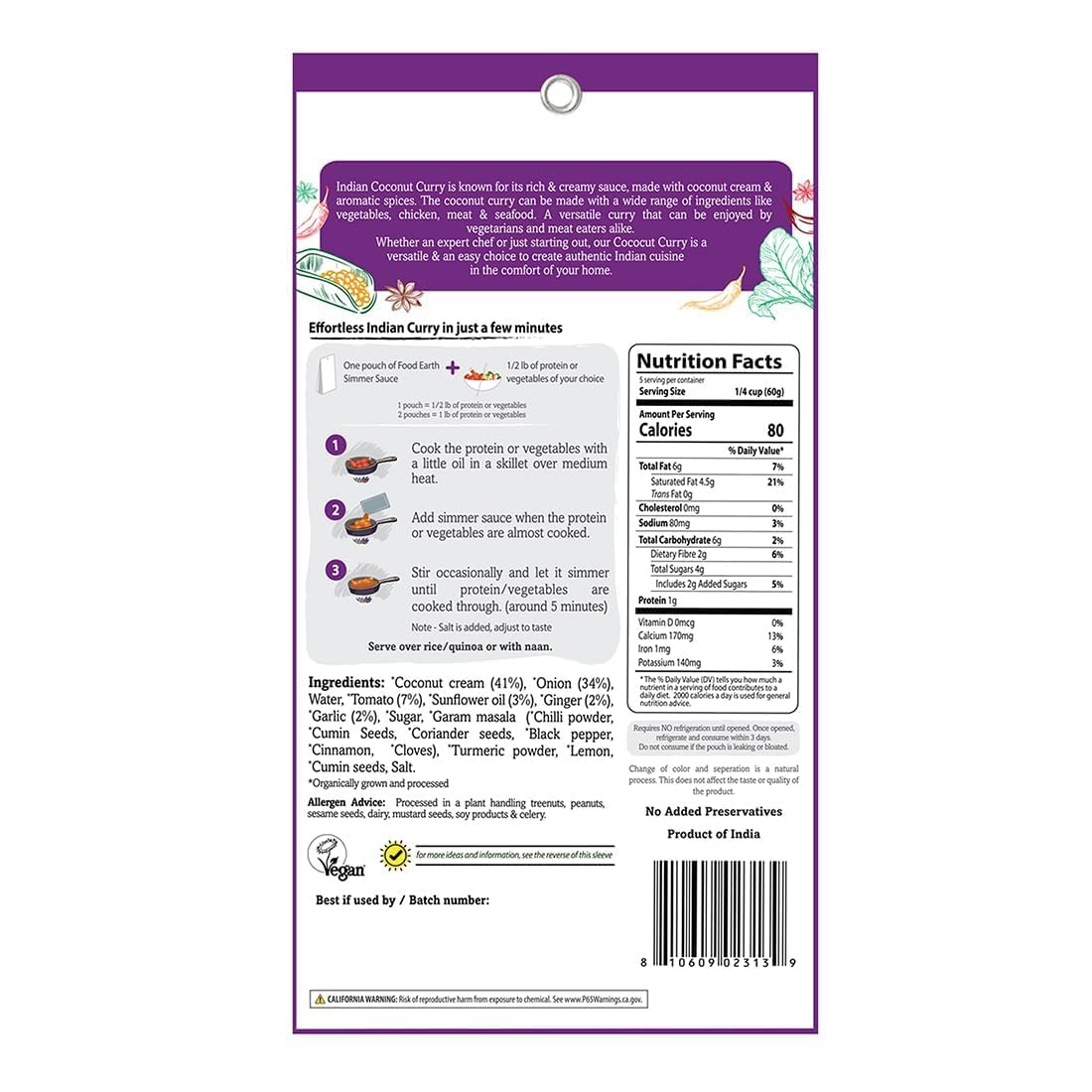 Food Earth Indian Simmer Sauce - Coconut Curry - Organic, Vegan, Gluten-Free, GMO-Free - Microwavable Cooking Sauce - 12 Pouches (5.29 oz Each)