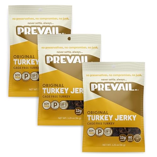 Free-Range Turkey Jerky, by PREVAIL - Low Sodium and Gluten Free! | Pack of (3) Bags | | Our Gourmet Jerky is Paleo Certified, Soy Free, Free
