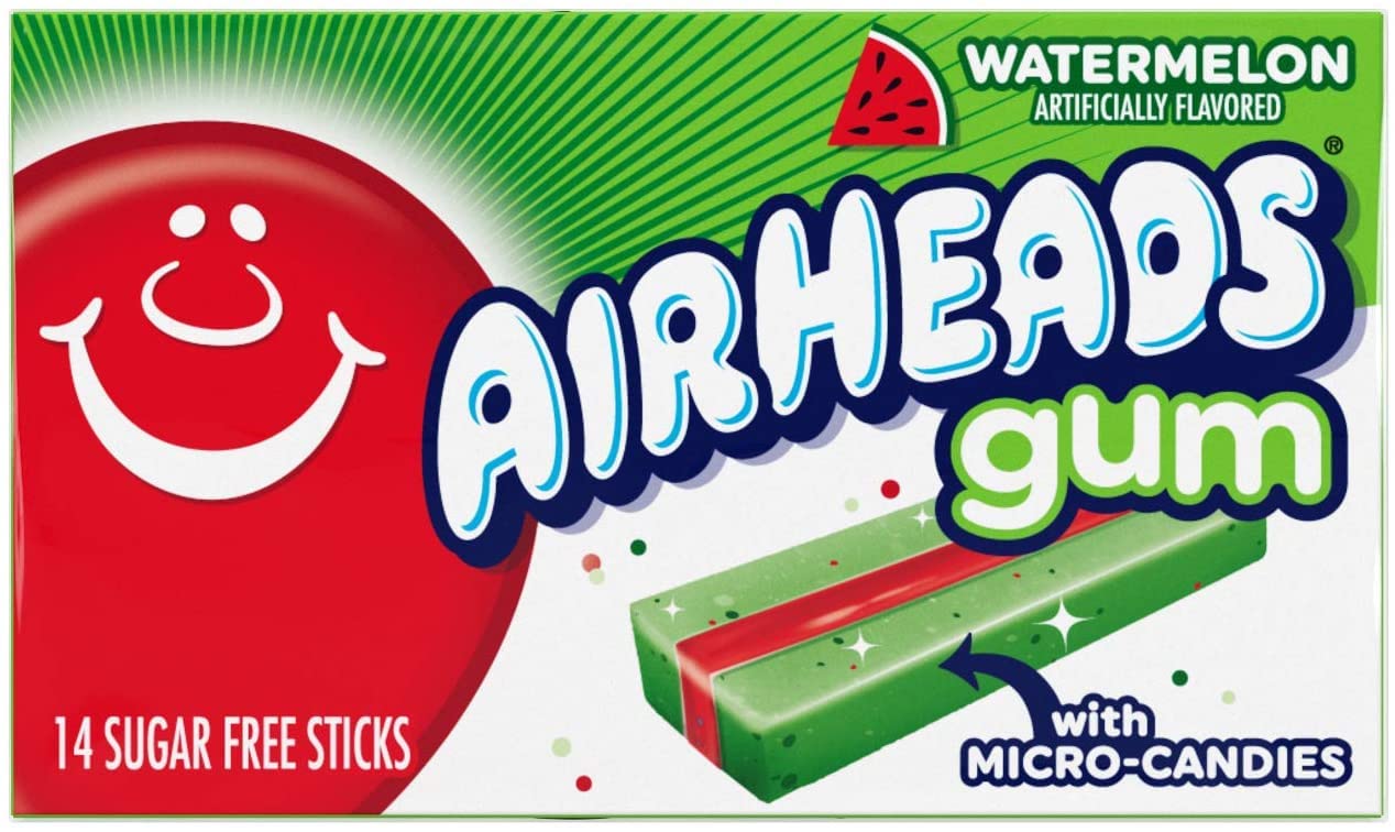 Airheads Chewing Gum, Sugar Free Gum with Micro-Candies, Watermelon Flavor Artificially Flavored, 14 Sticks (12-Pack)