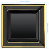 SEHOI 120 PCS 6.5 Inch Black Square Plastic Plates, Disposable Square Dinner Plates with Gold Rim, Small Disposable Salad Dessert Cake Plates