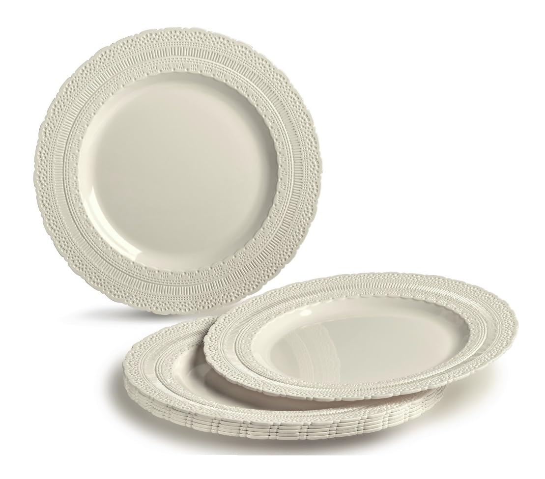 OCCASIONS 60 Guests Ivory Disposable Plastic Plates Set - 120 Piece Heavy Duty Reusable Dinnerware, Looks Like Real China, 11" Dinner & 8.25" Dessert