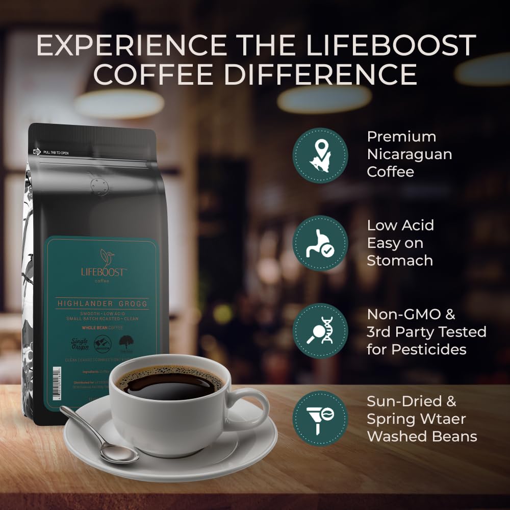 Lifeboost Highlander Grogg Whole Bean Coffee - Non-GMO Low Acid Single Origin Flavored Coffee Beans - Third Party Tested For Mycotoxins & Pesticides