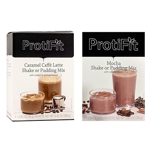 PROTIFIT - High Protein Caramel Caffe Latte & Mocha Pudding & Shake Mix 2 Pack, 15g Protein, Low Calorie, Low Fat, Low Carb, Aspartame Free, Idea