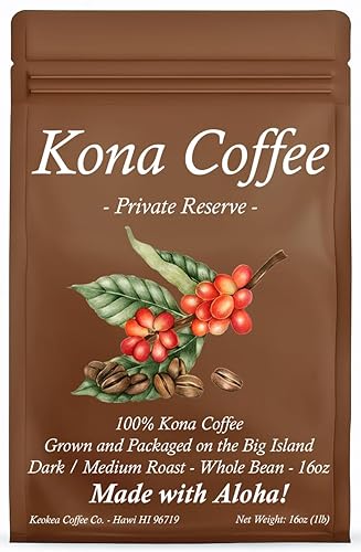 100% Hawaiian Kona Coffee - Whole Bean - Dark/Medium Roast - 1lb (16oz) - Farm Fresh - Grown and Packaged on the Big Island of Hawaii - Keokea Coffee