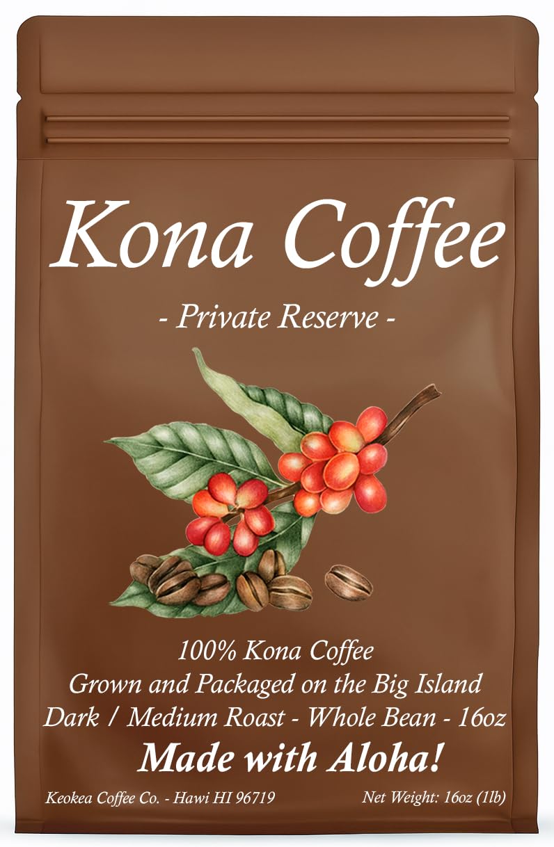 100% Hawaiian Kona Coffee - Whole Bean - Dark/Medium Roast - 1lb (16oz) - Farm Fresh - Grown and Packaged on the Big Island of Hawaii - Keokea Coffee