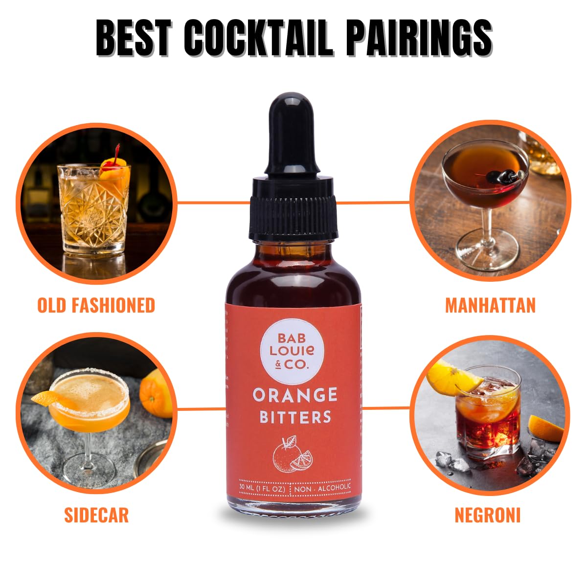 Bab Louie & Co. Non-Alcoholic Bitters Set - Cherry, Orange, Aromatic Bitters for Cocktails, Mocktails, Whiskey - 30ml/ 1 Fl. Oz Each, Non-Alcoholic