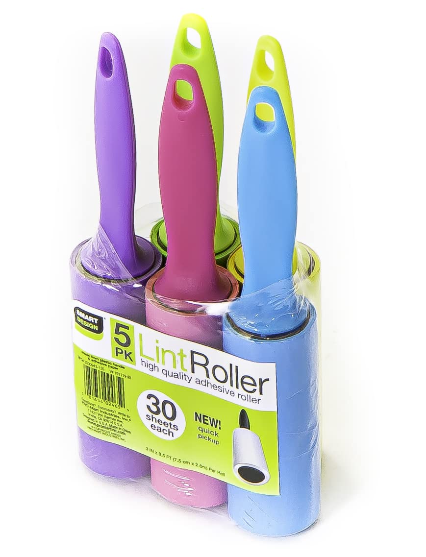 Smart Design Mini Lint Rollers - Set of 5, 150 Sheets Total - Easy-to-Use Lint Roller for Pet Hair Removal, Cleaning Floors, Carpet, Cars & Other