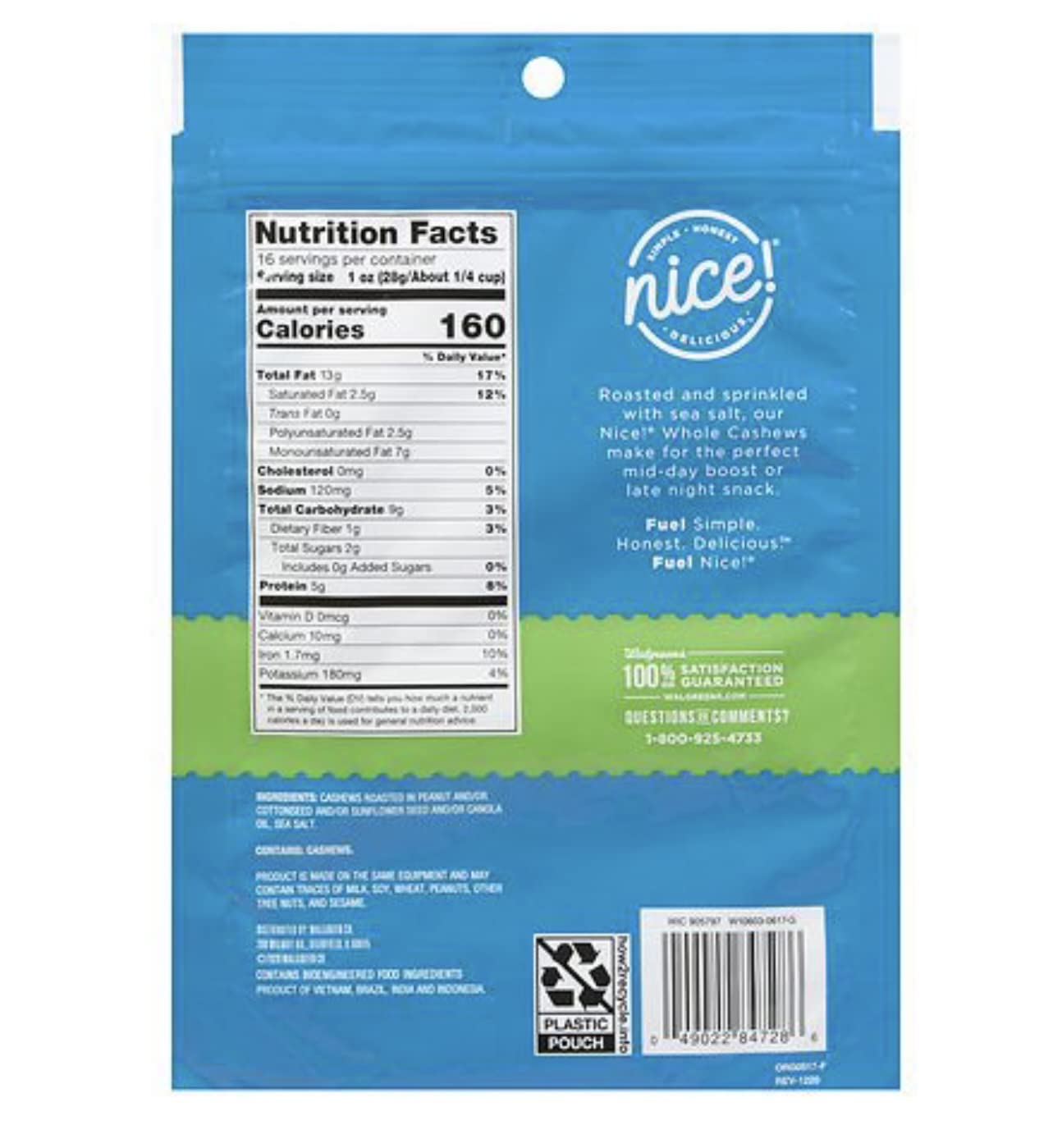 Nice Roasted Whole Cashews Sea Salt 16 oz (pack of 2)