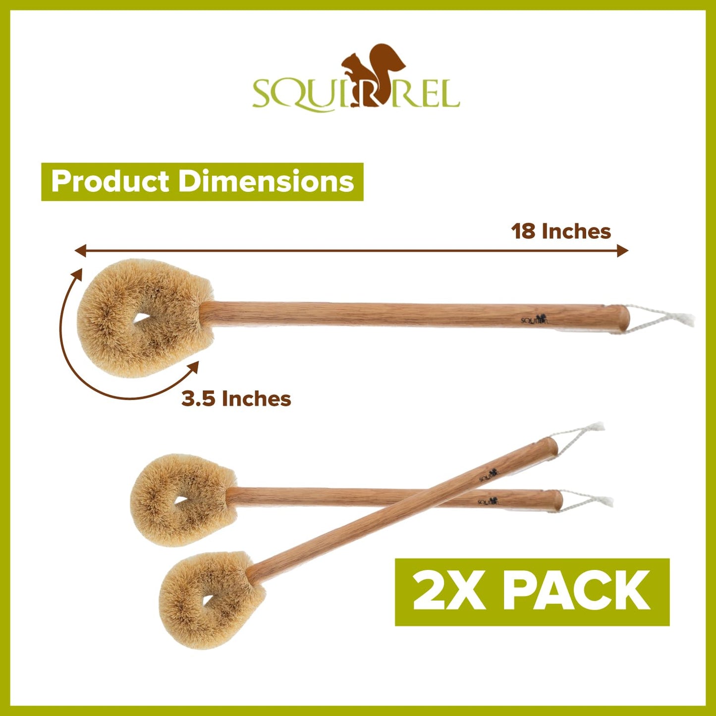 Squirrel Eco-Friendly Toilet Brush with Natural Coconut Fiber Handle and Wooden Handle, Pack of 2, Sustainable Bowl Cleaner with Hanging Hook