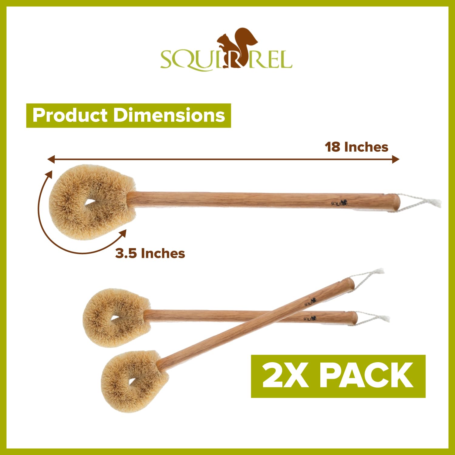 Squirrel Eco-Friendly Toilet Brush with Natural Coconut Fiber Handle and Wooden Handle, Pack of 2, Sustainable Bowl Cleaner with Hanging Hook