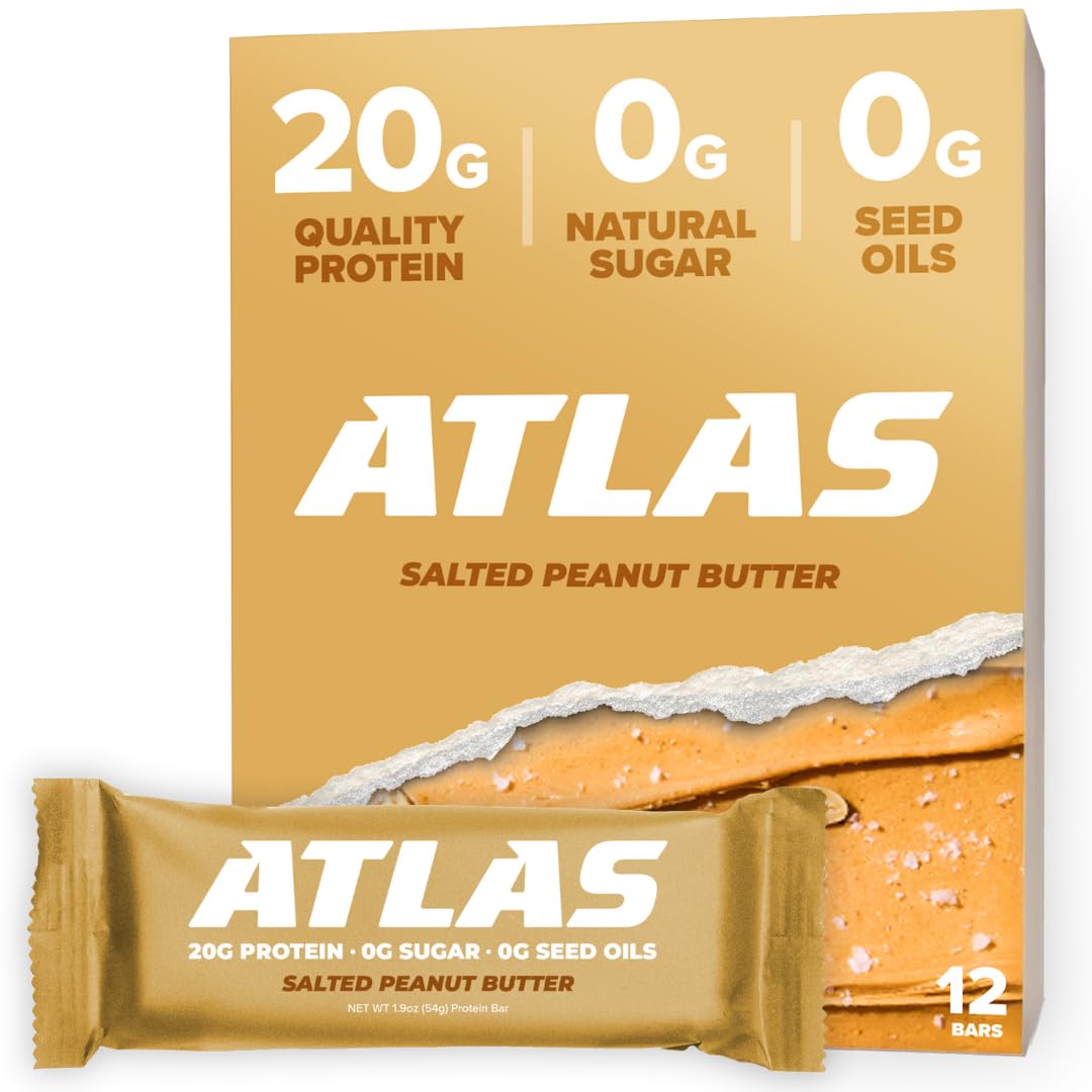 Atlas Real Food Protein Bar - 20g Protein, 11g Fiber, 1g Sugar, No Seed Oils, No Artificial Sweeteners (Salted Peanut Butter, 12 Count)