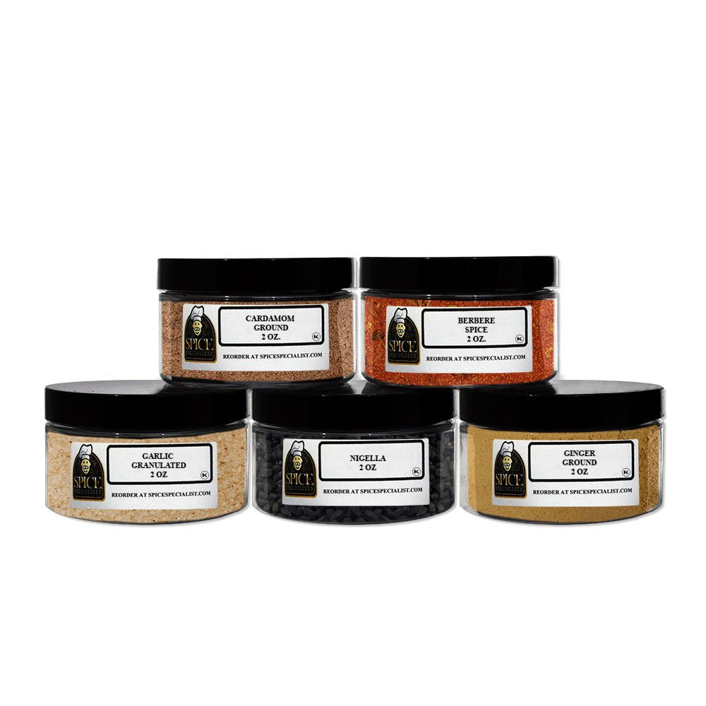 Ethiopian spice set - Contains: 5 Plastic Jars (1 each of: Nigella, Berbere, Ginger, Garlic, Cardamom ground)
