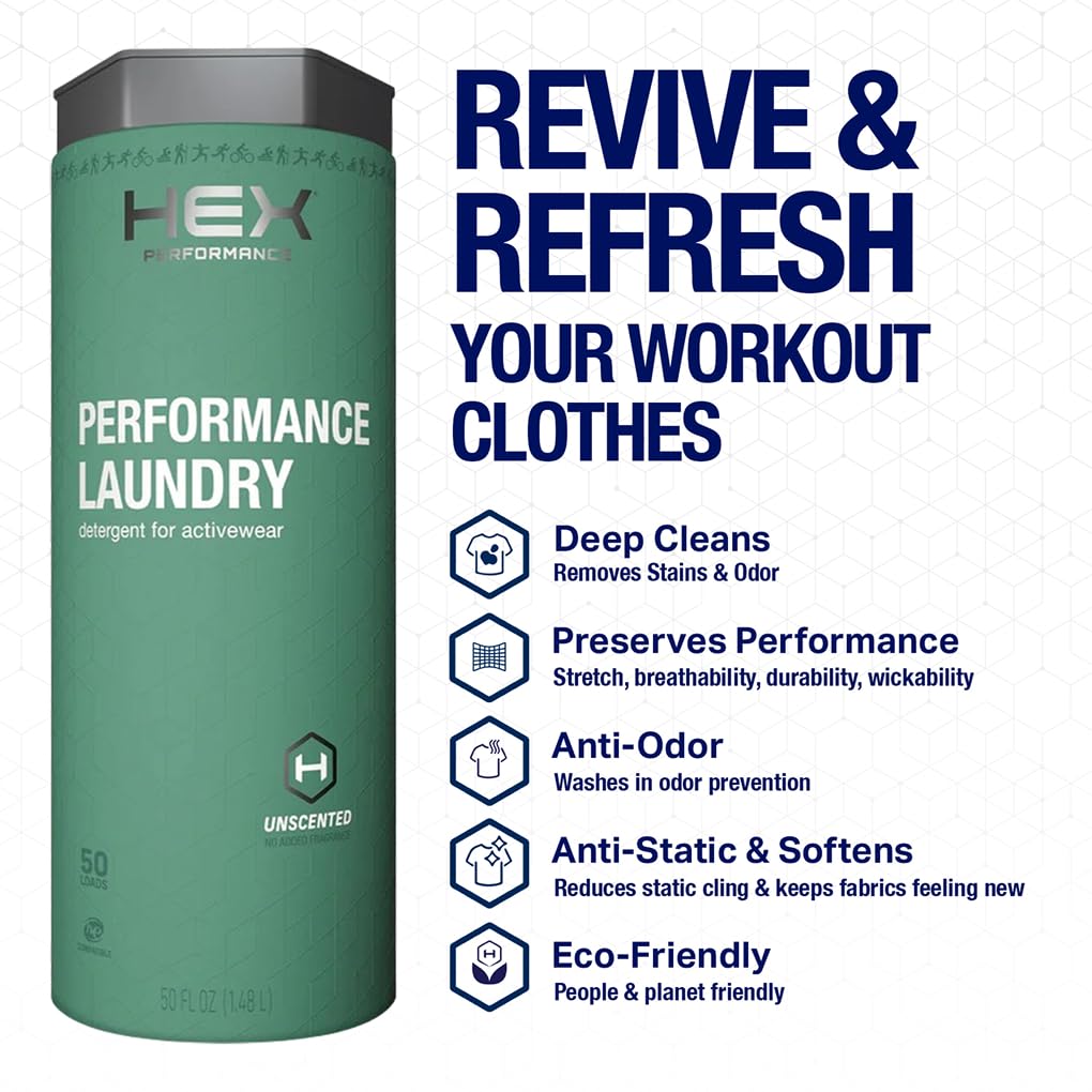HEX Performance Laundry Detergent, Unscented, 100 Loads (50ld Pack of 2) - Concentrated Activewear Detergent for Odor Removal, Sweat & Residue