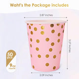 WYQJHKV Pink and Gold Paper Cups,9 oz Pink Disposable Cups,Gold Foil Dot Paper Cups for Birthday Wedding Party Supplies(50 Pcs)