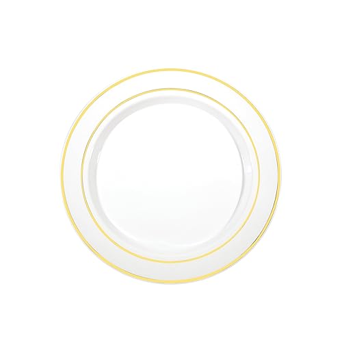 Party Essentials Divine Plastic Dinnerware Disposable Plates for Party, Real China Look, White Gold Rim, 9" 24-Count