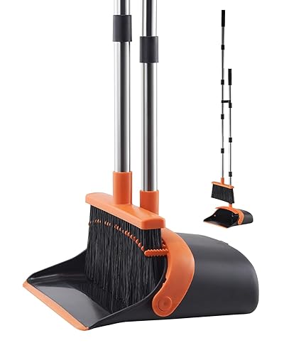 VEVOR Broom and Dustpan Set, Heavy Duty Dustpan and Broom Combo with Self-Cleaning Teeth, Metal Upright Standing Dust Pan with Long Handle, Ideal