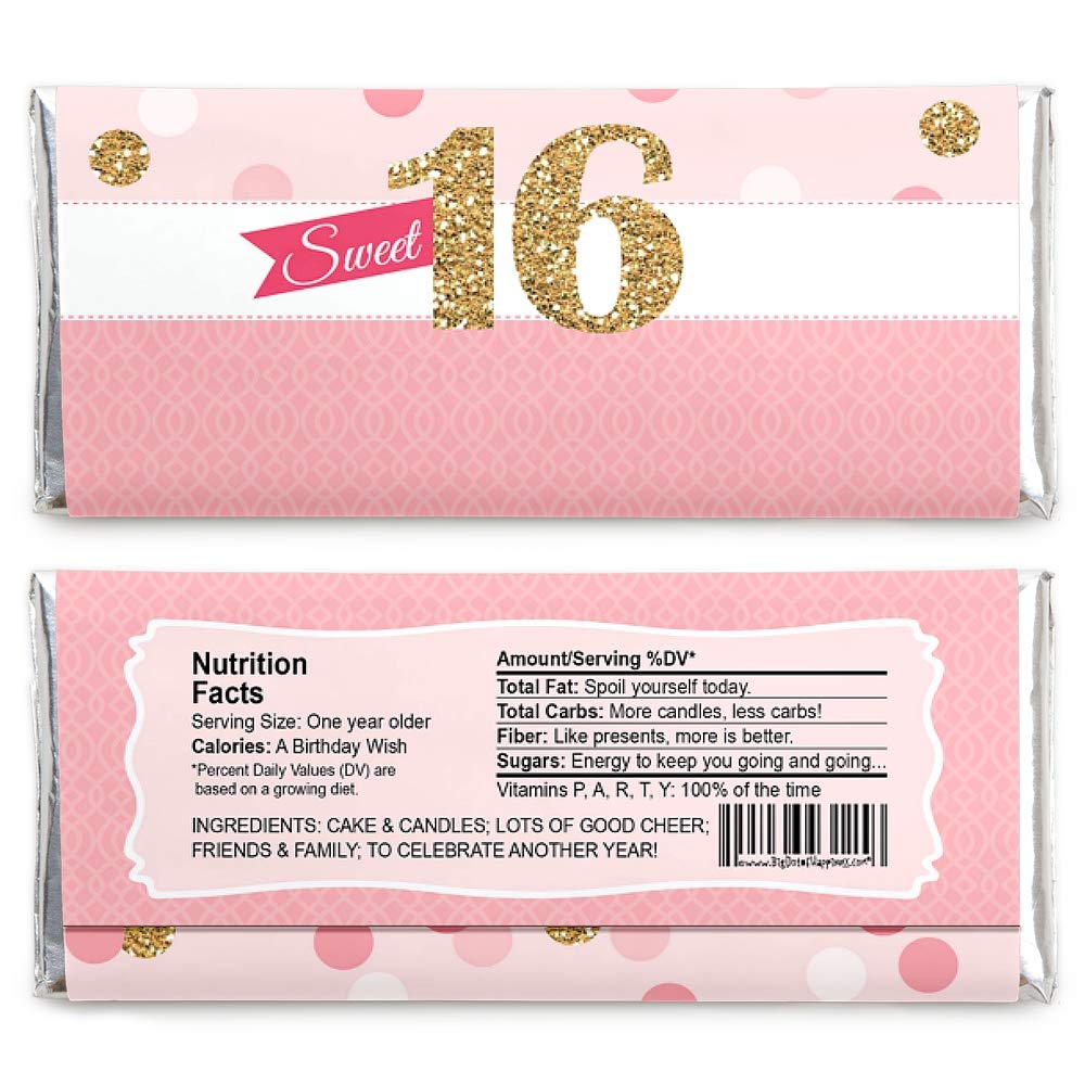 Big Dot of Happiness Sweet 16 - Candy Bar Wrappers 16th Birthday Party Favors - Set of 24