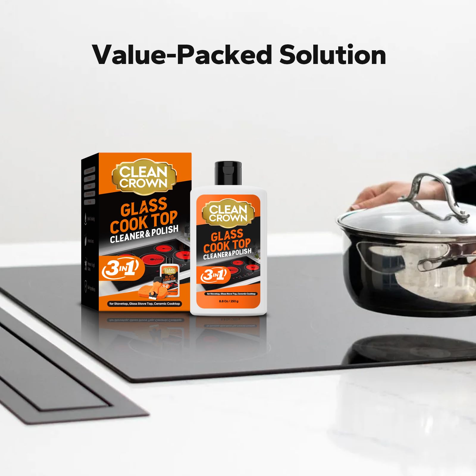 CleanCrown 3-in-1 Cooktop Cleaner Kit (8.8 Oz Cooktop Cleaner + Scrubbing Pad + Scraper), Stovetop Cleaner for Electric Top Stoves, Ceramic Cooktops
