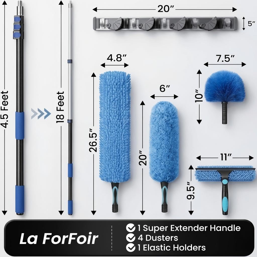 25ft High Ceiling Duster Kits with 5-18ft Heavy Duty Extension Pole - Fan Blade Cleaner, Cobweb Remover & Blue Window Squeegee Kit, Washable Dust