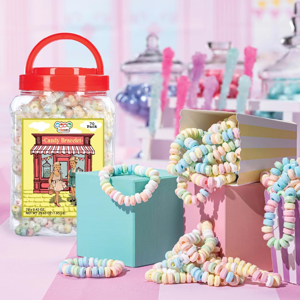 70 Candy Bracelets Individually Wrapped, Vintage Candy Jewelry for Kids, The Perfect Pastel Addition to your Candy Buffet, Princess-Themed Party or