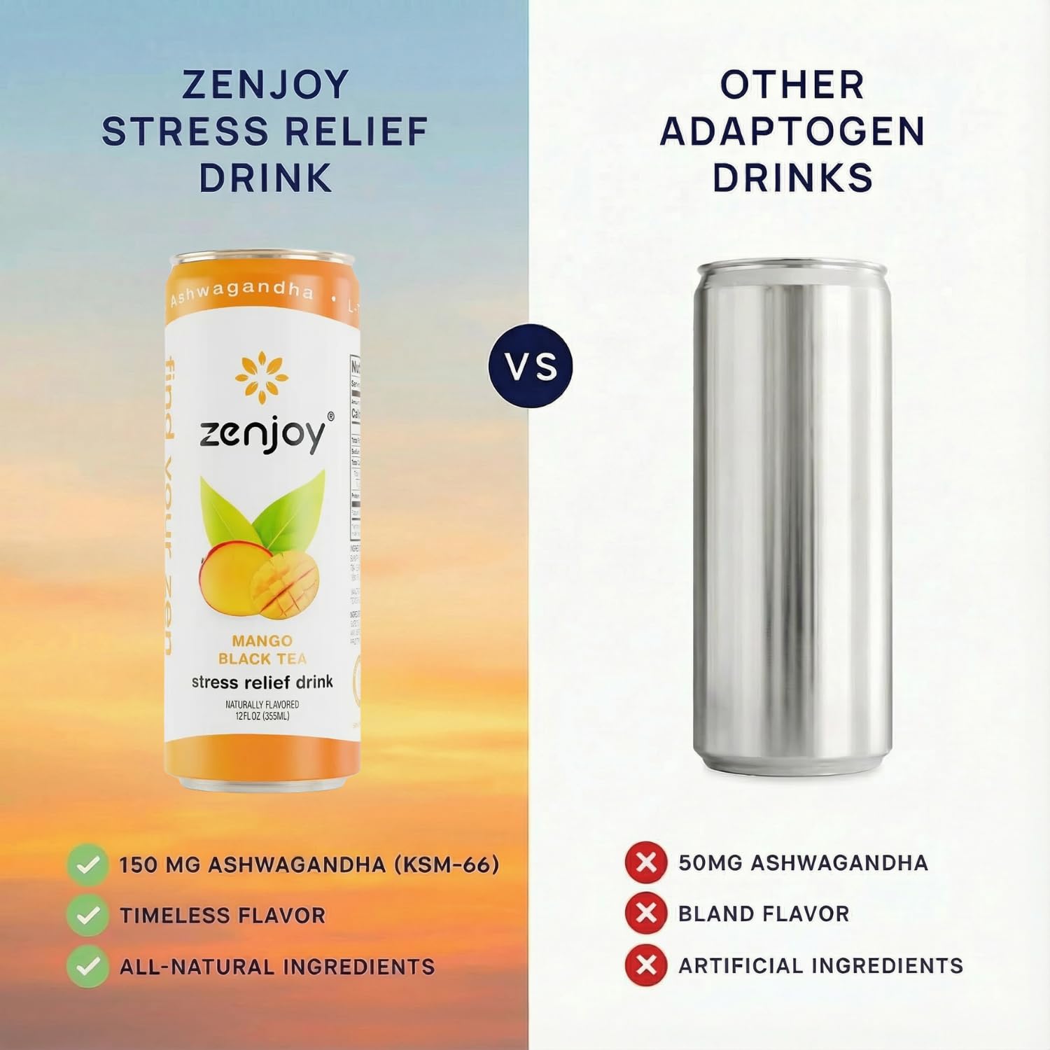 Zenjoy Stress Relief Drink, Calming Green Tea & Black Tea, Non Alcoholic, Ashwagandha & Lemon Balm for Stress Relief, L - Theanine (Variety) (12 Pack)