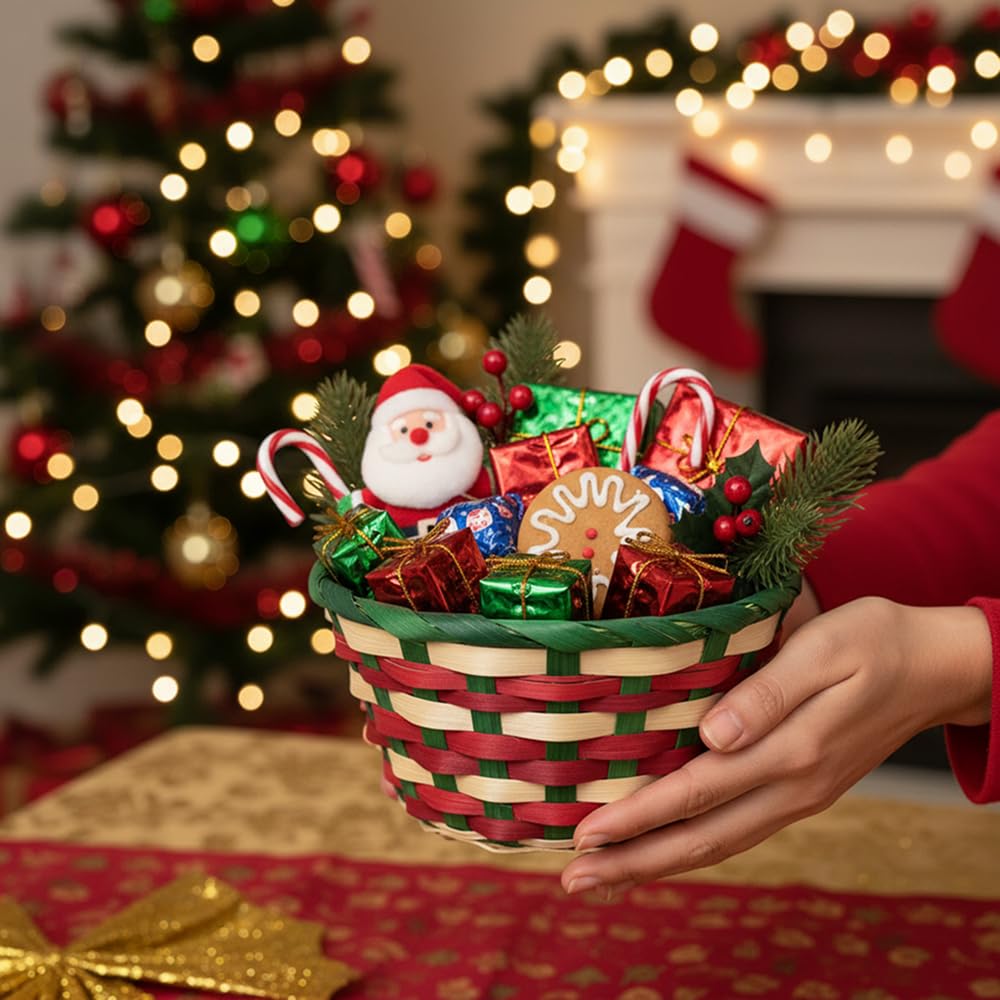12 Pack Premium Handmade 6" Round Holiday Gift Baskets - Mini Christmas Bamboo Baskets for Holiday Events, Candy, Treats, DIY Gift Sets, Party Favors