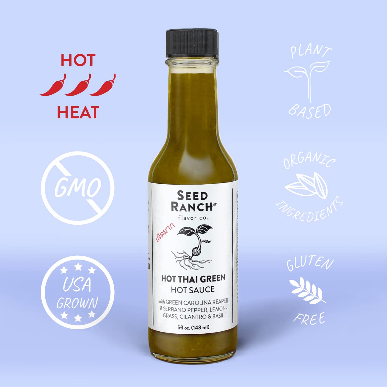 Seed Ranch Hot Thai Sauce, 5 Fl Oz - Spicy Heat - Featured on Hot Ones, Green Carolina Reaper Pepper, Organic Gourmet Hot Sauce - Vegan, Non-GMO