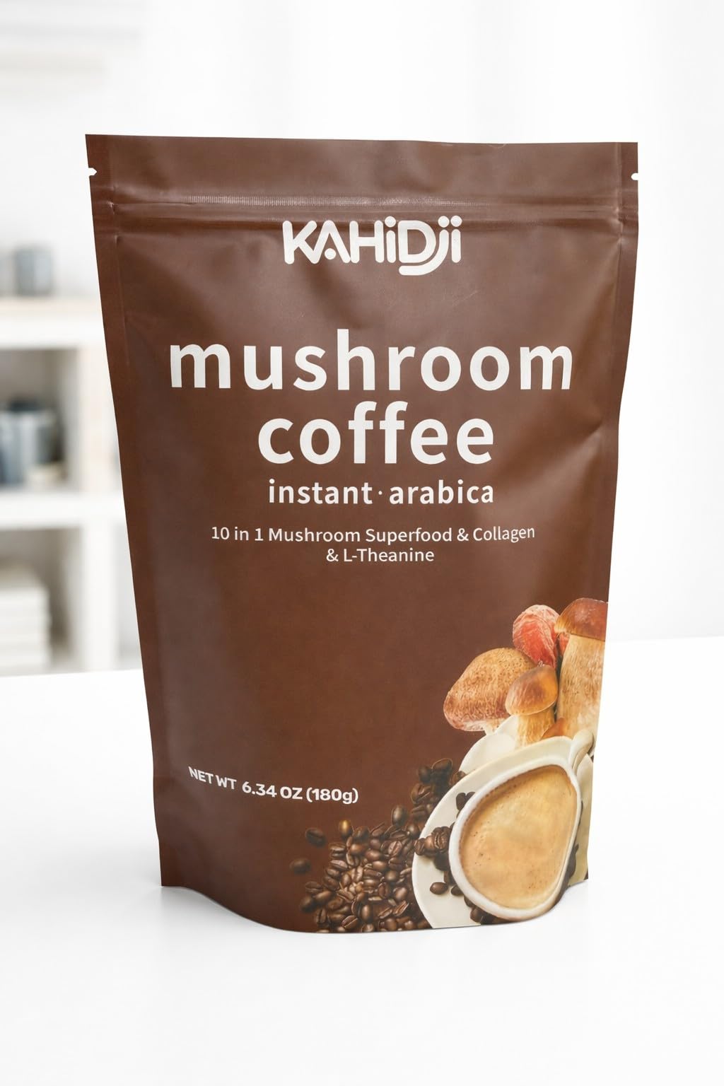 KAHIDJI Premium Mushroom Coffee with Collagen, 10 Mushroom Blend, Instant Coffee Mix, Caramel Macchiato Flavor, 180g