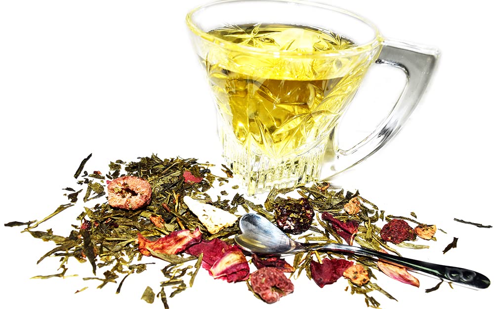 Raspberry Blackberry Green Tea, sweet fruity and nippy, soft and mild, not only a feast for the eyes but also a very special taste experience, Loose