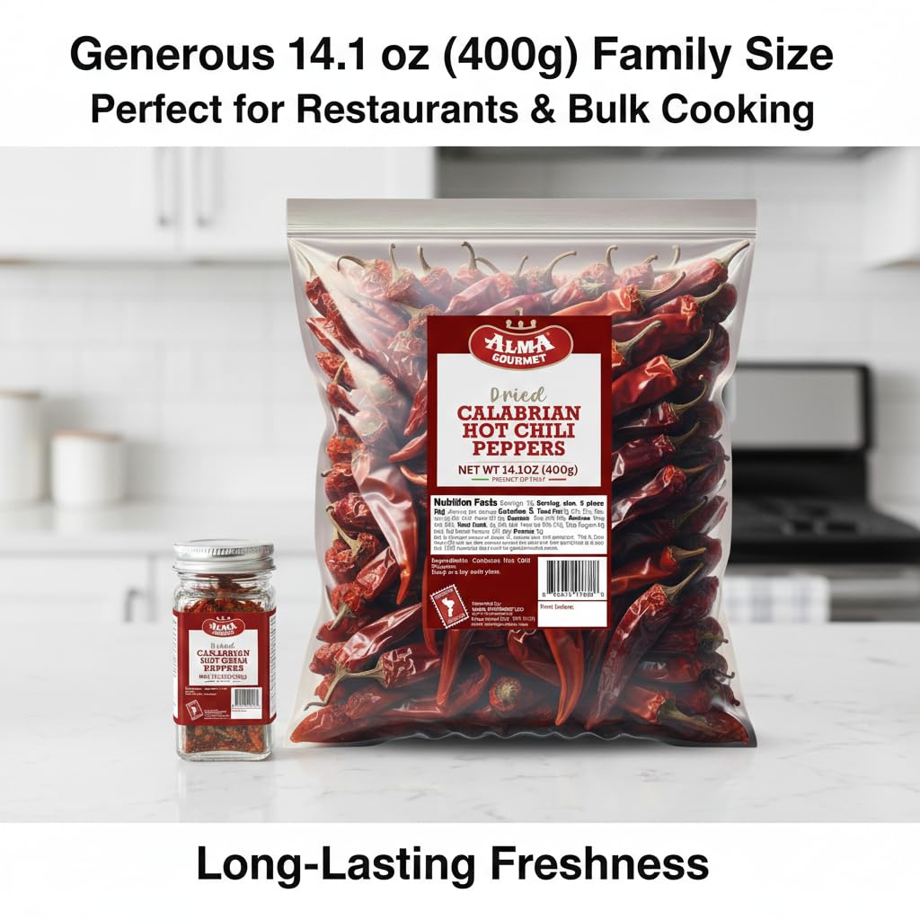 Alma Gourmet Whole Dried Calabrian Red Hot Chili Peppers - Peperoncino Secco Calabrese, Authentic Italian Spicy Peppers, Imported from Italy - 14.1oz