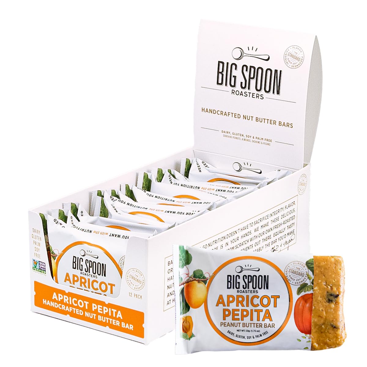 Big Spoon Roasters Apricot Pepita Nut Butter Bars - Low Carb, High Protein Bars w/Pea Protein - Vegan Snacks w/Peanut & Almond Butter - Gluten-free