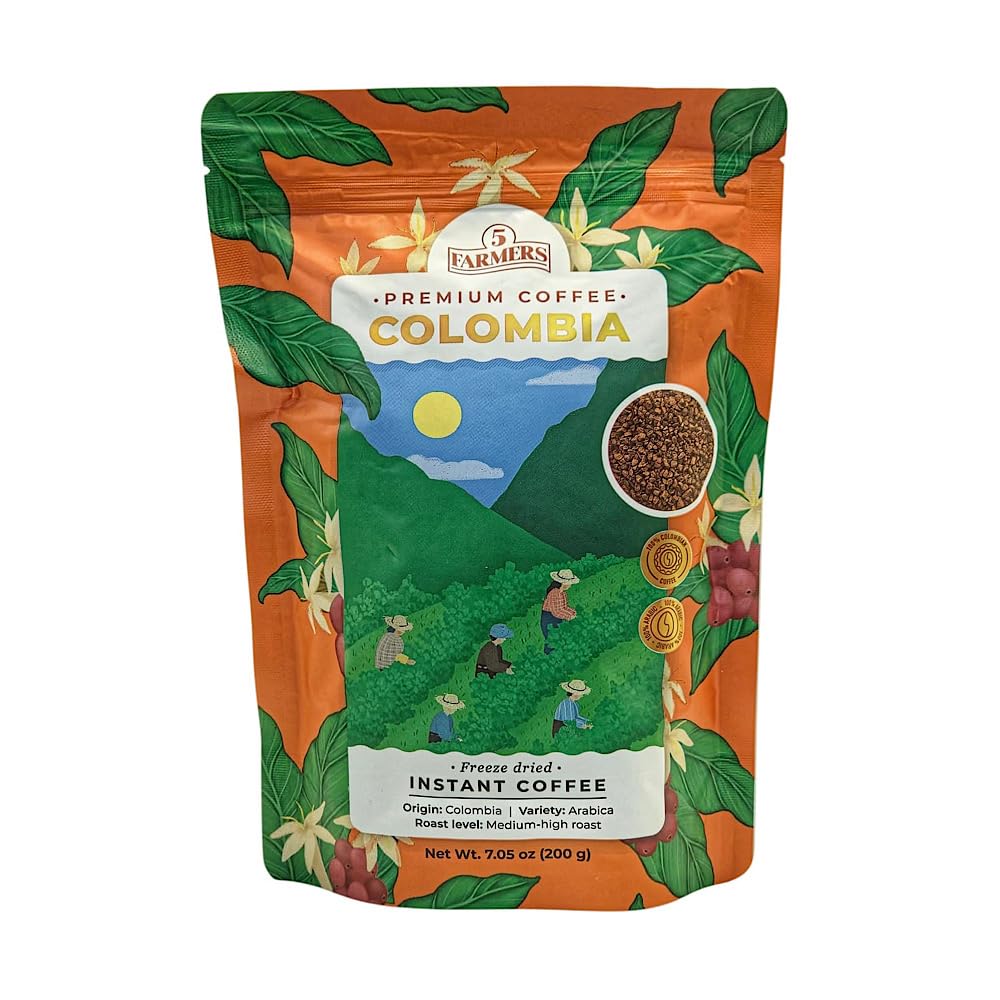 5 Farmers Premium Colombia Instant Coffee, Freeze Dried, 100% Colombian Arabica Beans, Medium-High Roast, 7.05 oz (200g) (PACK OF 1)