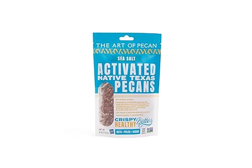 AOP Sea Salt Activated Native Texas Pecans, naturally crunchy, soaked and dehydrated, very low sugar premium snack. Non-GMO, Gluten-Free, Vegan