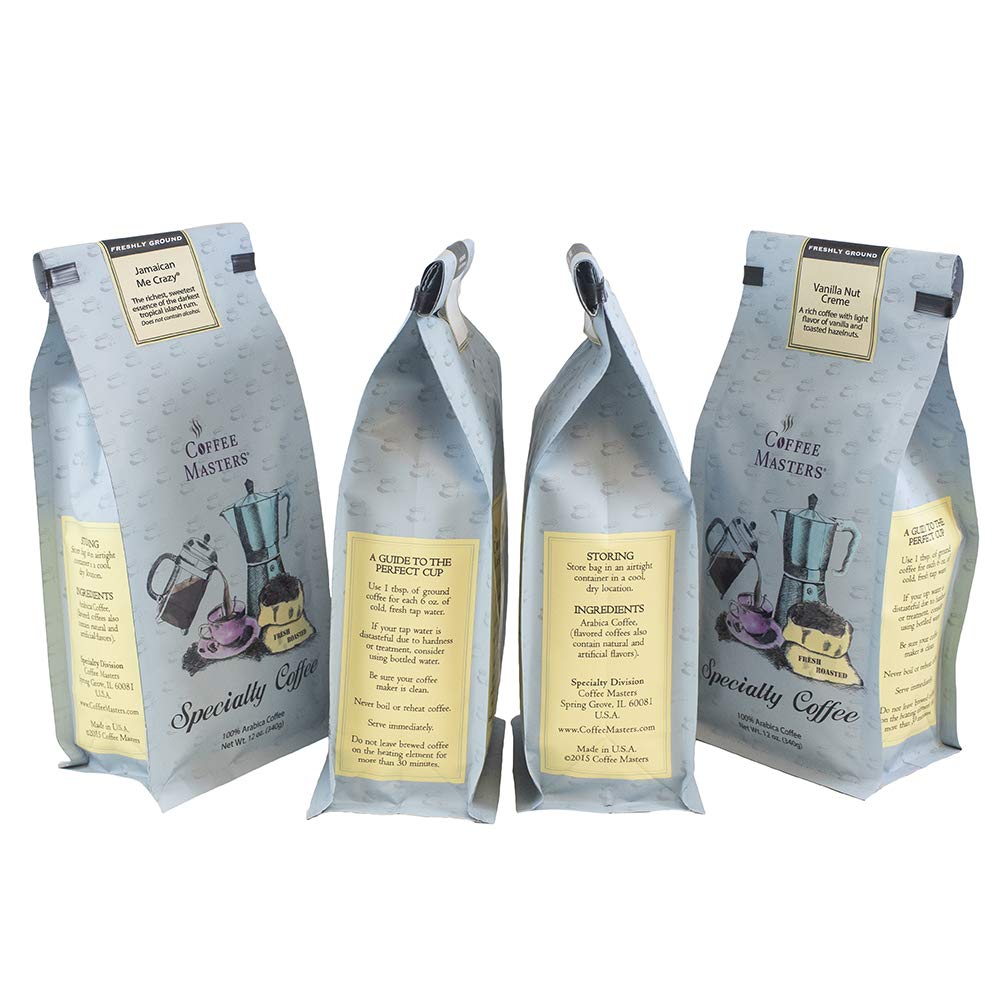 Coffee Masters Ground Coffee Sampler, Jamaican Me Crazy, Chocolate Raspberry, Dark Chocolate Decadence, Almond Amaretto, 48 Ounce