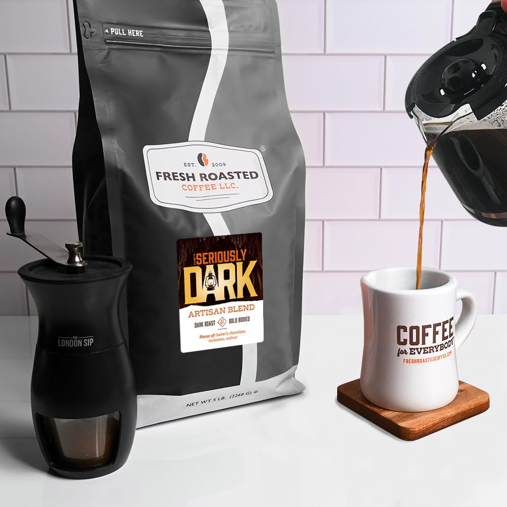 Fresh Roasted Coffee, Seriously Dark Artisan Blend Whole Bean Coffee, Dark Roast, Kosher, 5 lb (80 oz)