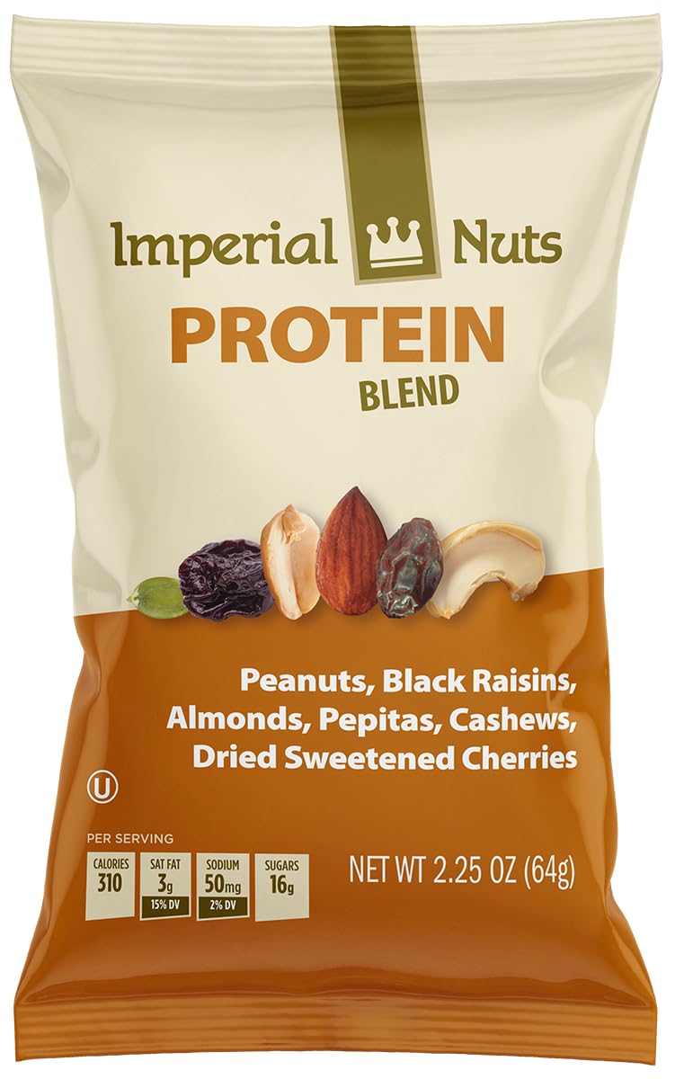 Protein Blend (18 Pack) - Peanuts, Black Raisins, Almonds, Pepitas, Cashews, Dried Sweetened Cherries, 2.25 oz - High Protein, Healthy Snack Mix