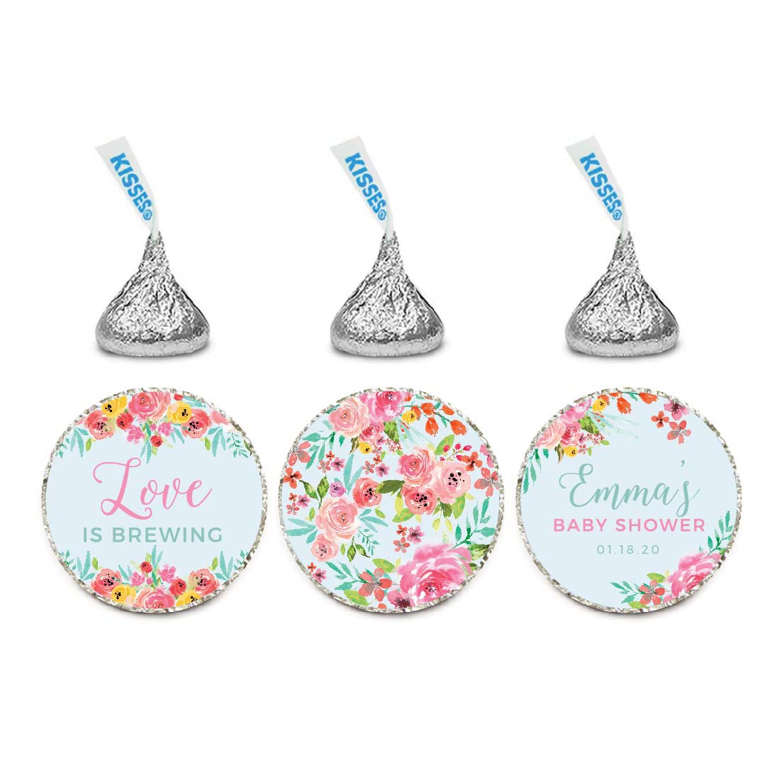 Andaz Press Pink Roses English Tea Party Baby Shower Collection, Personalized Chocolate Drop Label Stickers Trio, 216-Pack, Custom Name, Fits Kisses