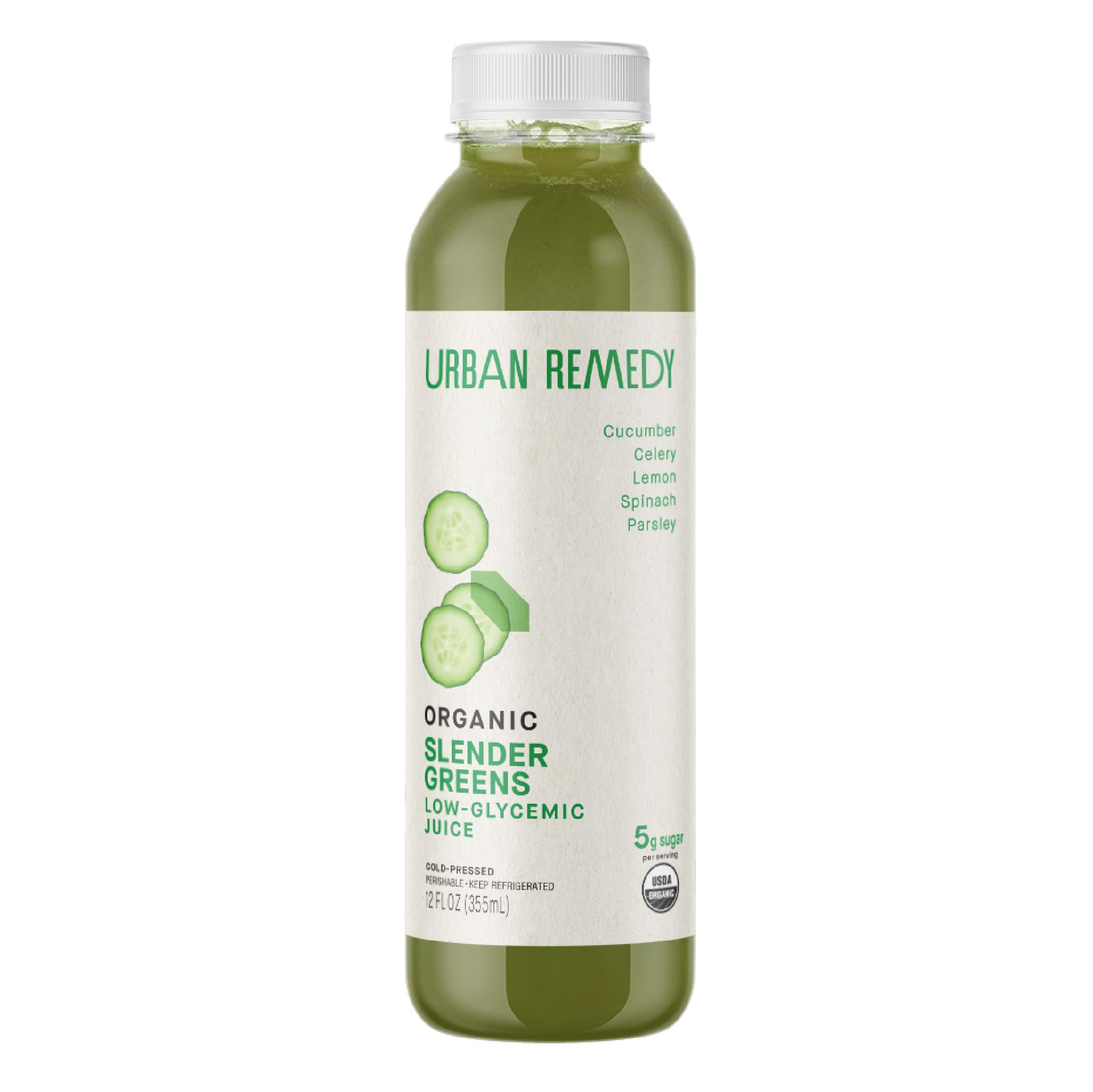 Urban Remedy Slender Greens Organic Green Juice, Cold-Pressed, 12 fl oz, Cucumber, Celery, Spinach, Parsley & Lemon, Low Glycemic, Alkaline Hydration