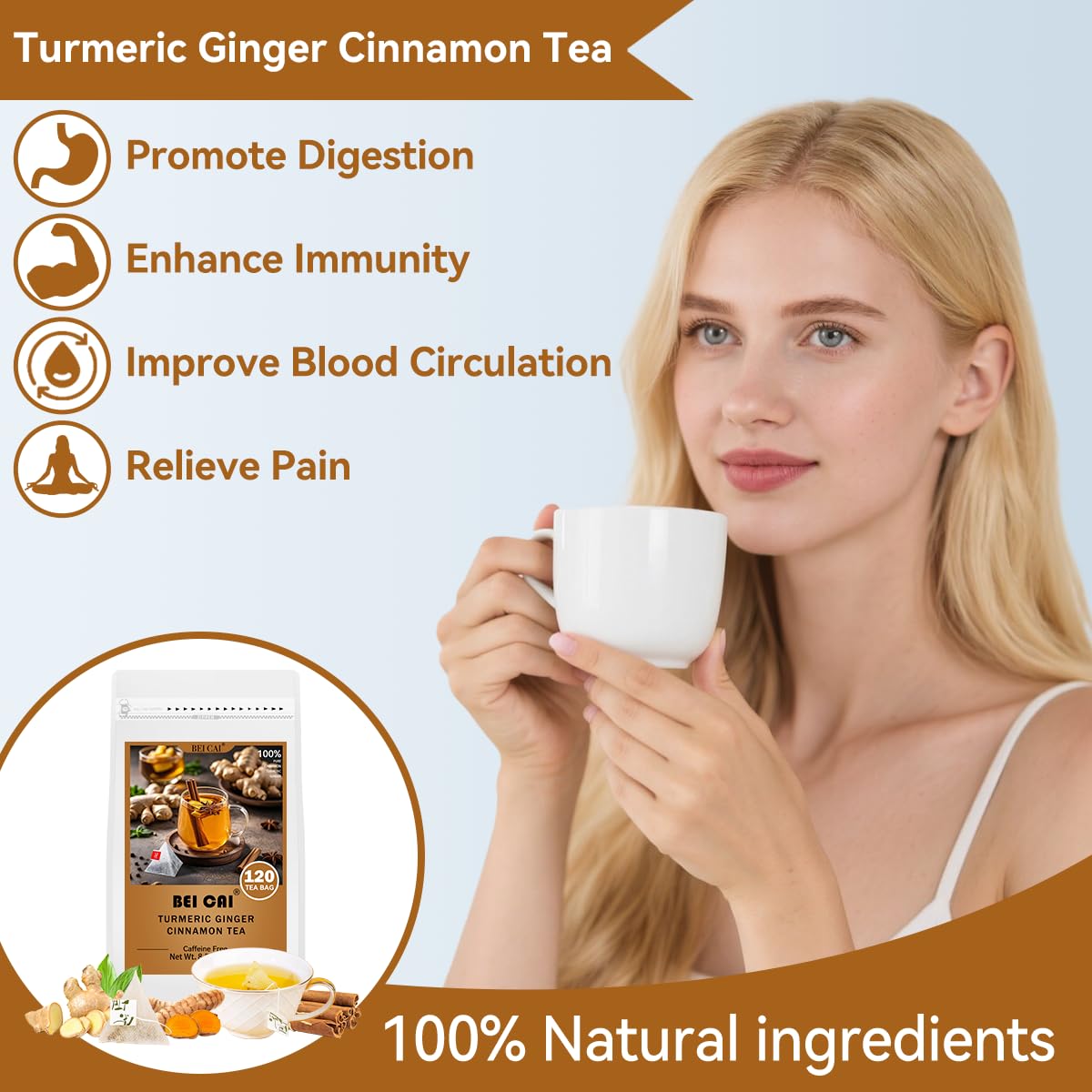 BEICAI 240g/120-Count Premium Turmeric Ginger Cinnamon Tea Bags | 100% Natural, Triangular Corn Fiber for Full-Bodied Brew | Supports Digestive