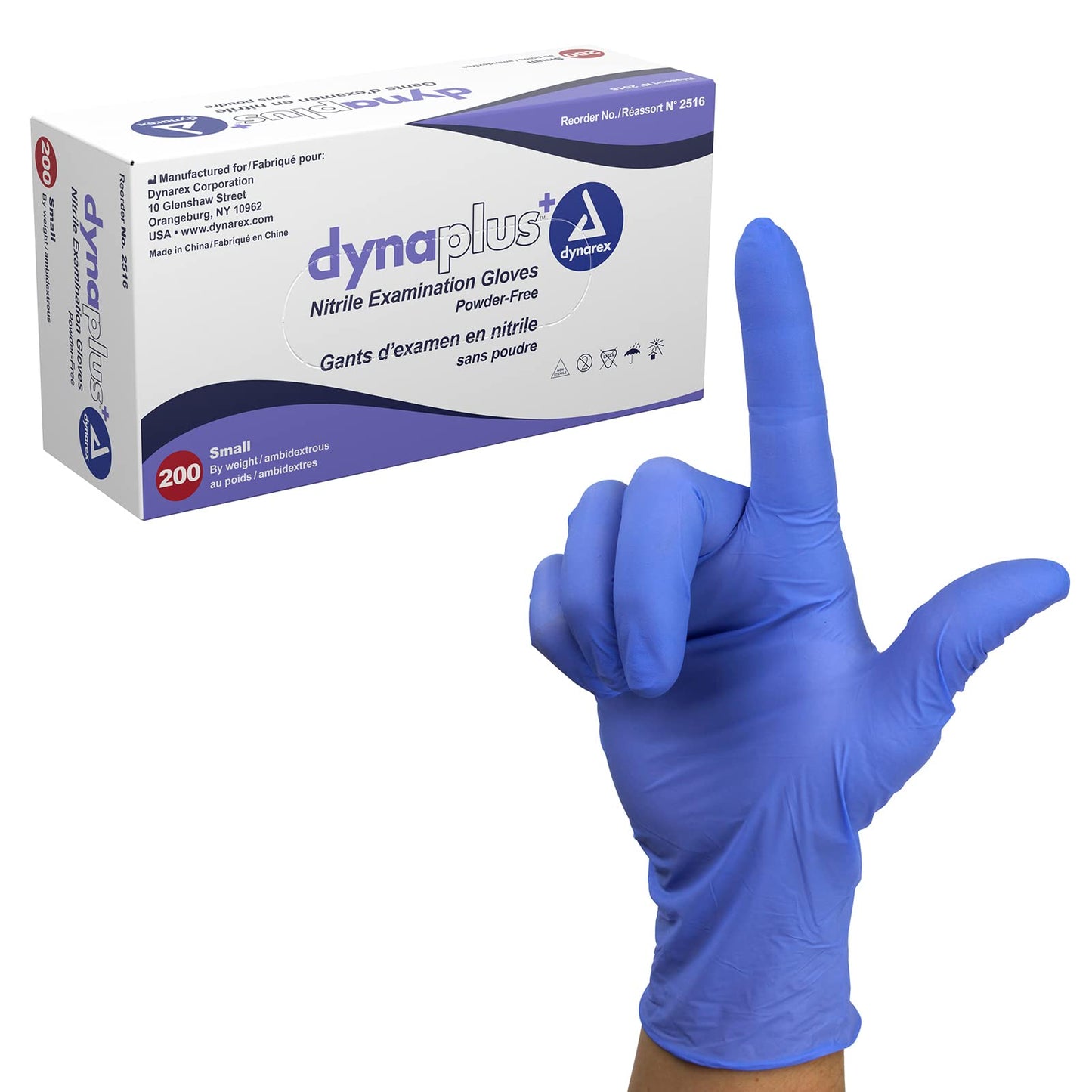 Dynarex DynaPlus Nitrile Exam Gloves, Small, 200-Count, Blue, Powder-Free, Latex Free, Textured Fingertips and 3mm Thickness