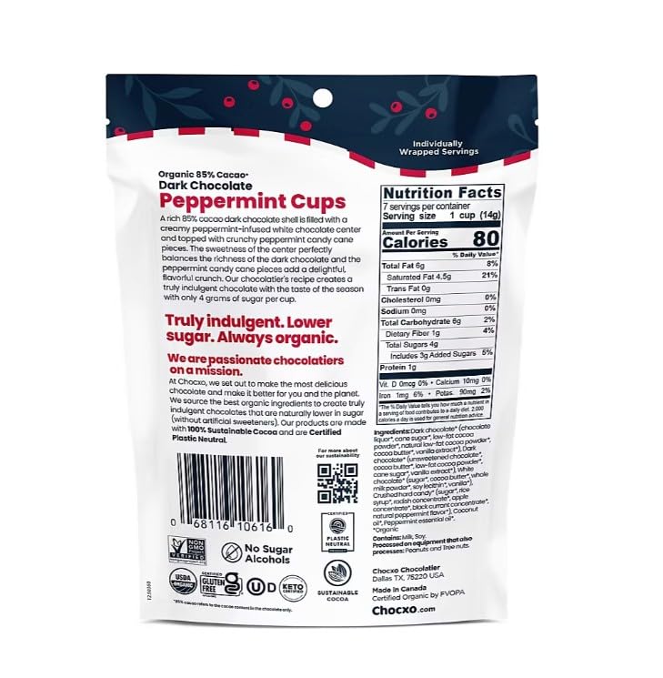 Chocxo Organic Dark Chocolate Peppermint Cups, 11.85 oz.