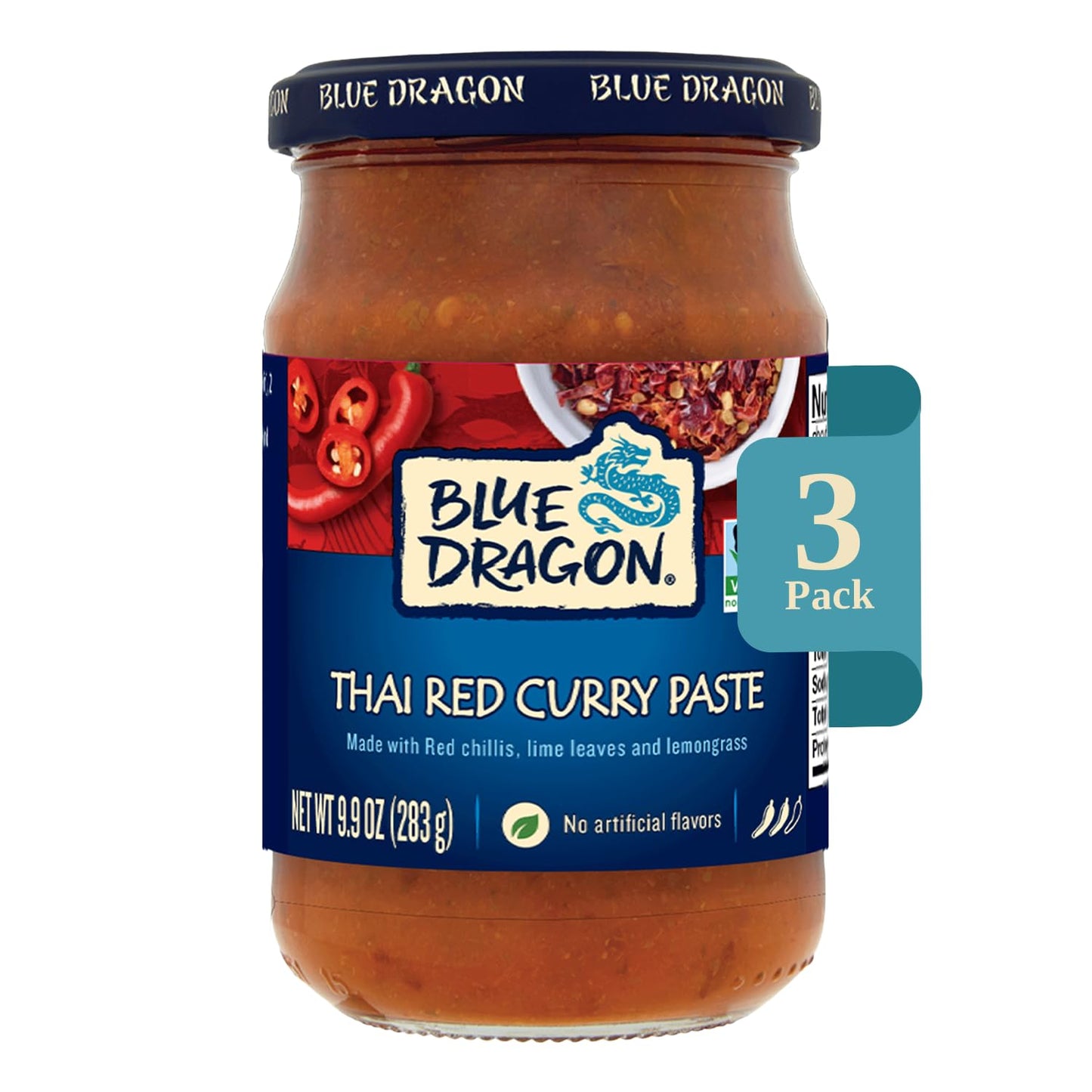 Blue Dragon Thai Red Curry Paste - 9.9oz Jar (Pack of 3) - No Artificial Flavors - Made w/ Red Chilies, Kaffir Lime Leaves & Lemongrass - Authentic